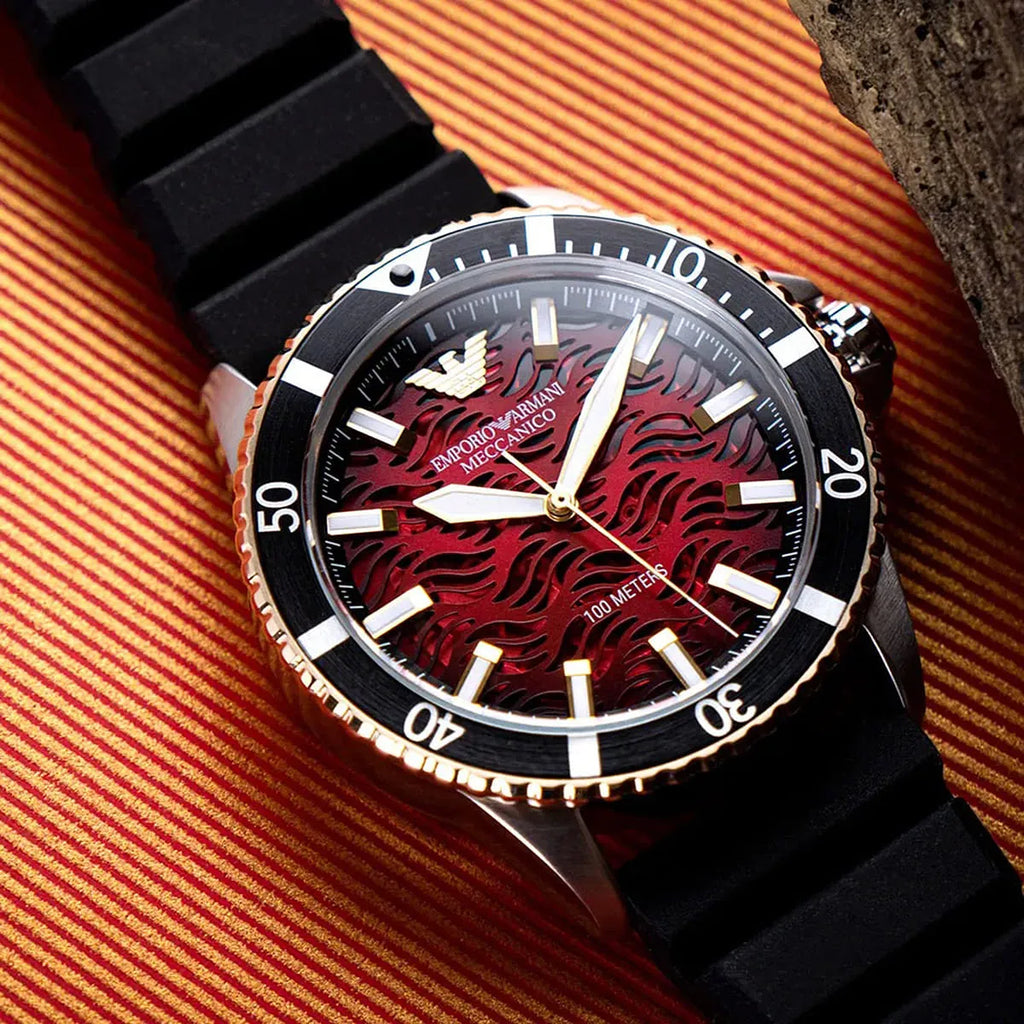 Emporio Armani Meccanico Automatic Red Dial Black Silicon Strap Watch For Men - AR60070 Buy Now By Emporio Armani