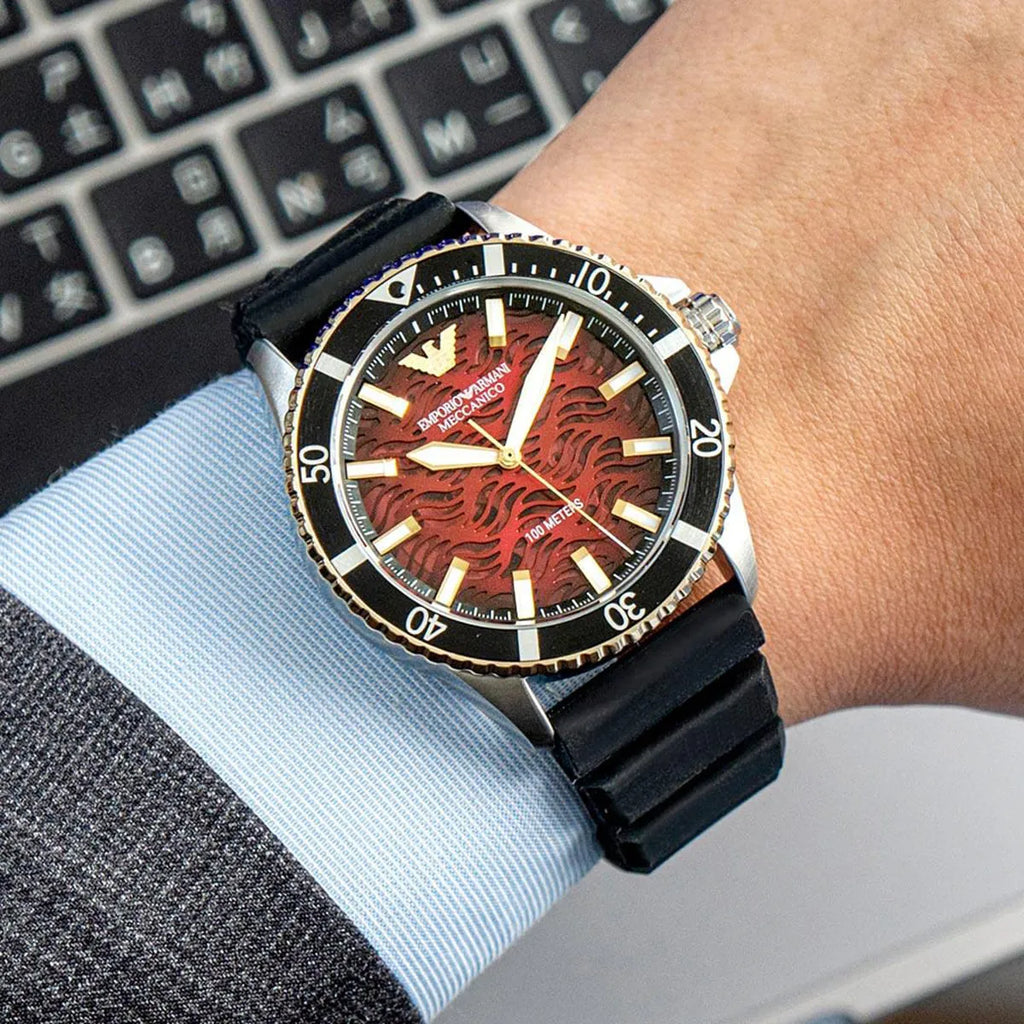 Emporio Armani Meccanico Automatic Red Dial Black Silicon Strap Watch For Men - AR60070 Buy Now By Emporio Armani