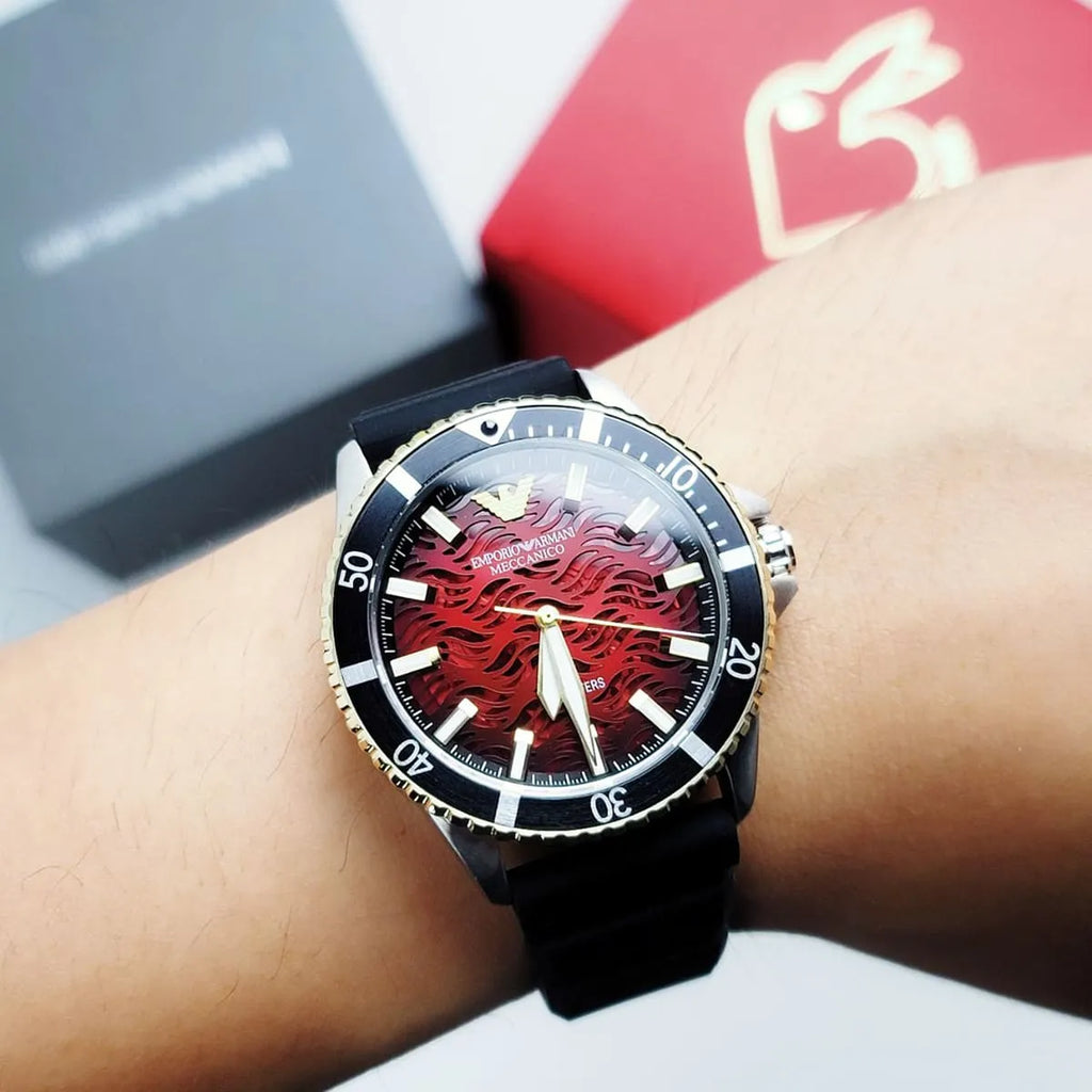 Emporio Armani Meccanico Automatic Red Dial Black Silicon Strap Watch For Men - AR60070 Buy Now By Emporio Armani