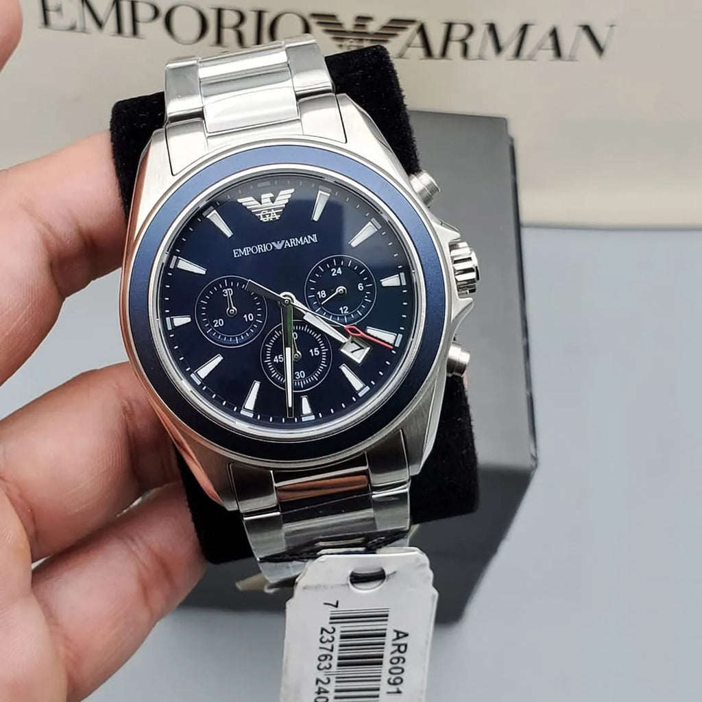 Emporio Armani Sportivo Chronograph Blue Dial Silver Steel Strap Watch For Men - AR6091 Buy Now By Emporio Armani