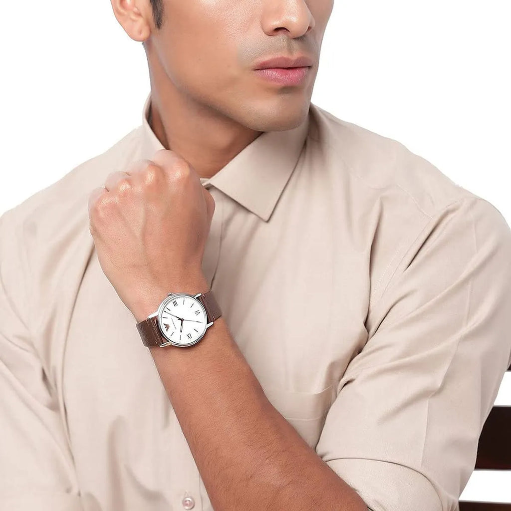 Emporio Armani Kappa Quartz White Dial Brown Leather Strap Watch For Men - AR80006 Buy Now By Emporio Armani