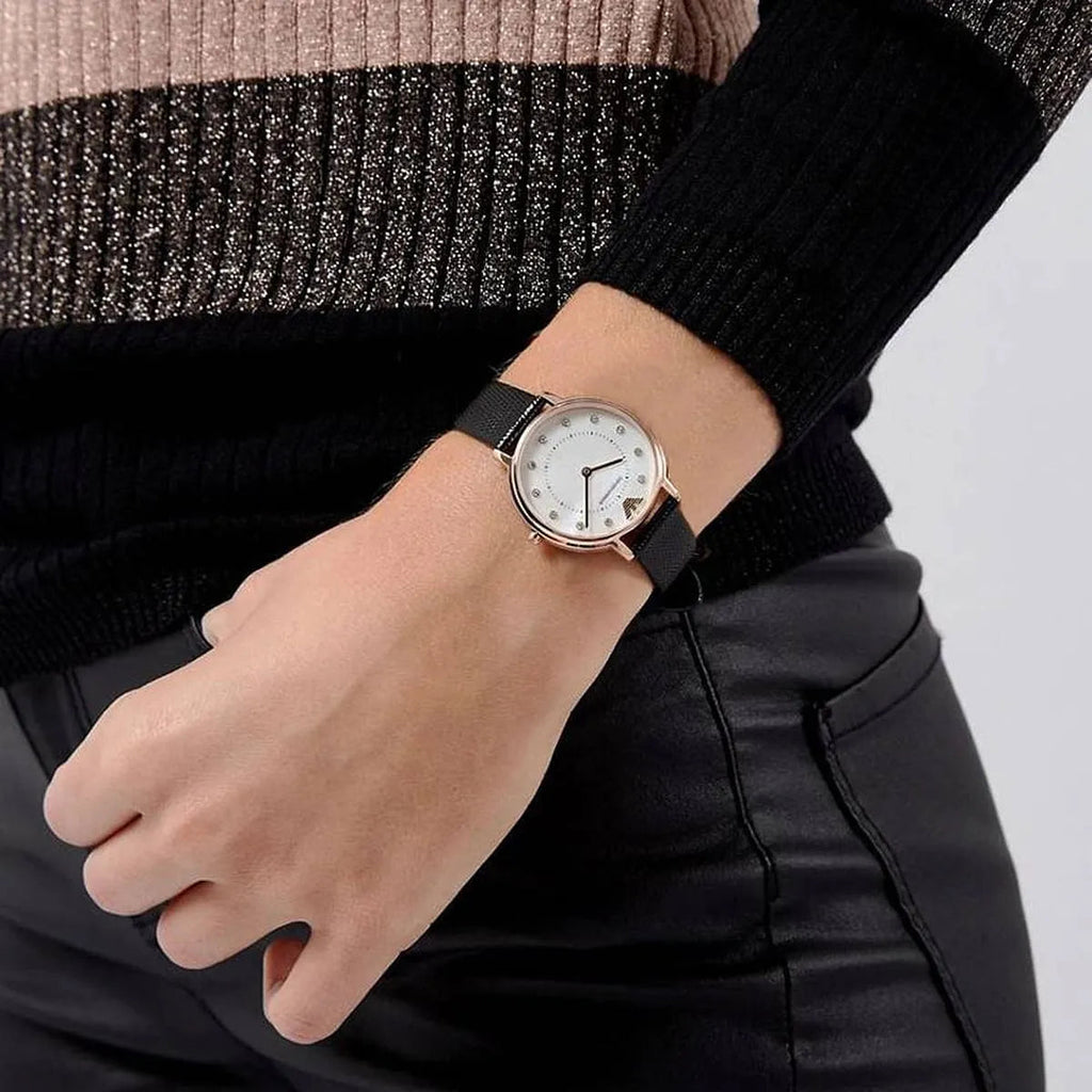 Emporio Armani Kappa Mother of Pearl Dial Black Leather Strap Watch For Women - AR80011 Buy Now By Emporio Armani