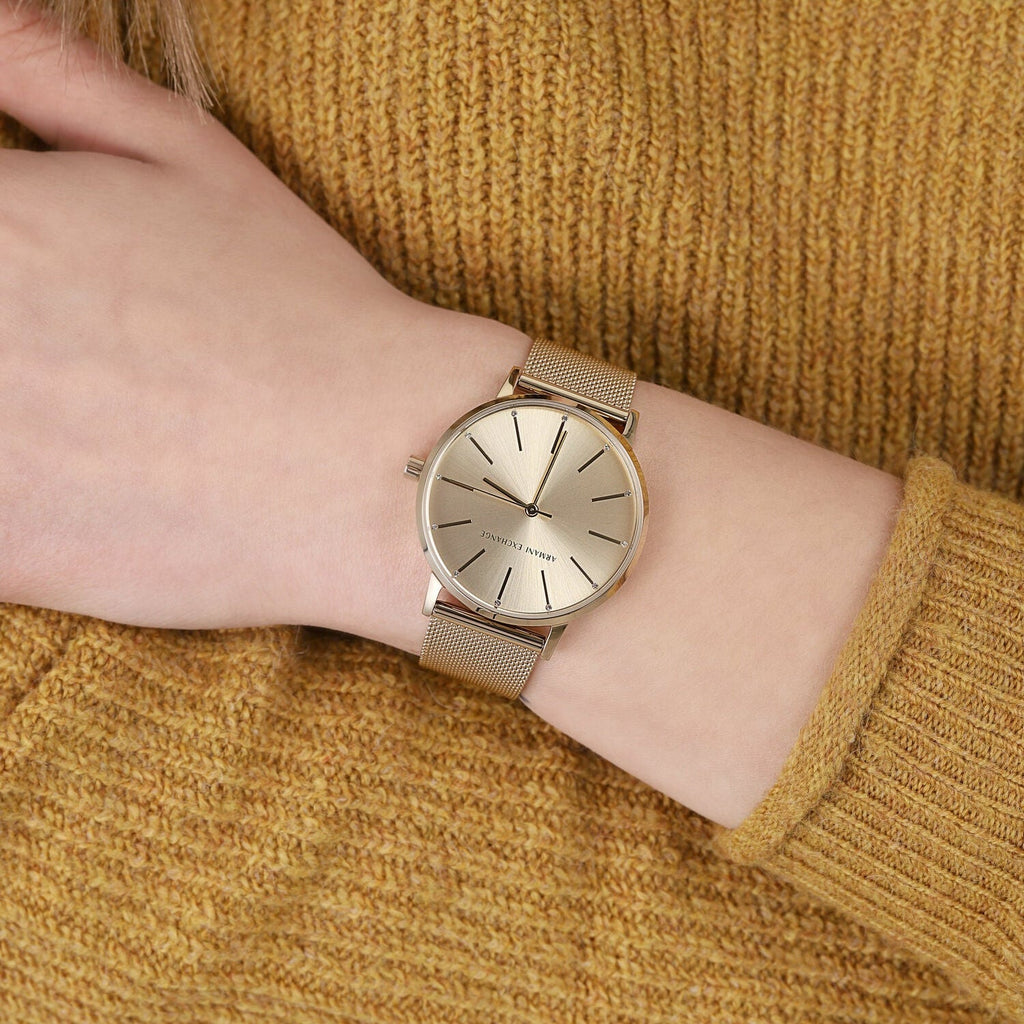 Armani Exchange Lola Analog Gold Dial Gold Mesh Strap Watch For Women - AX5536