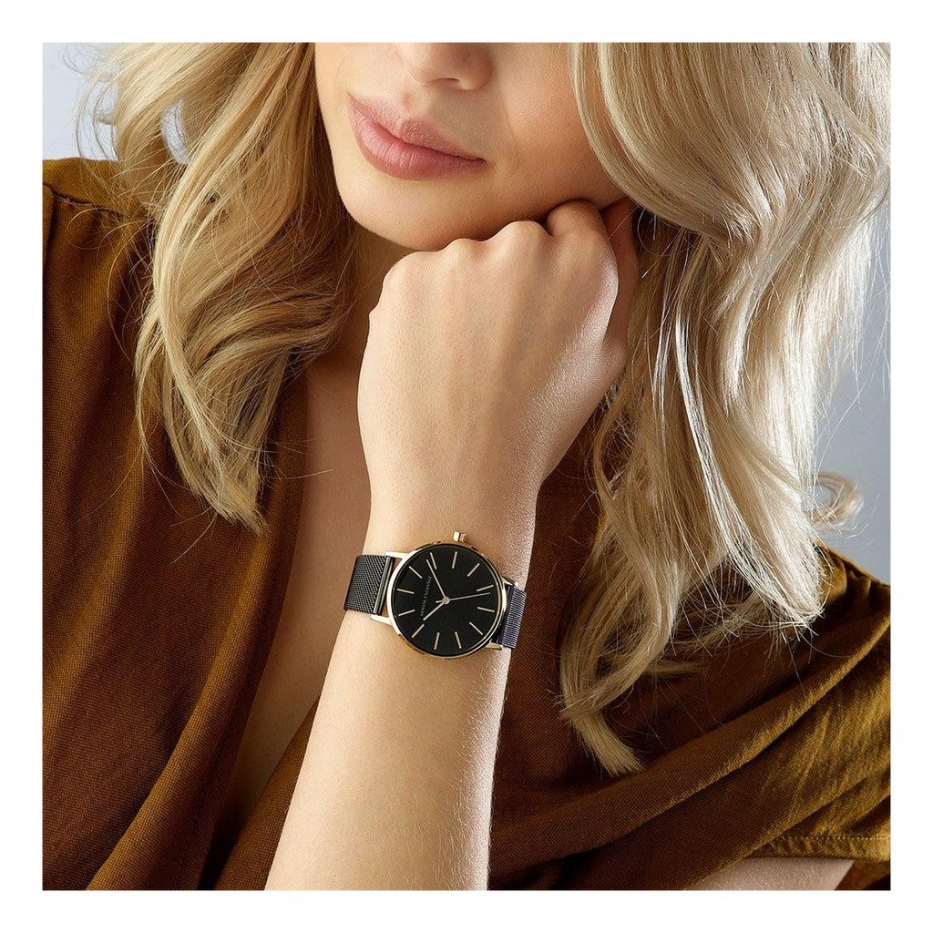 Armani Exchange Lola Three Hand Black Dial Black Mesh Strap Watch For Women - AX5548