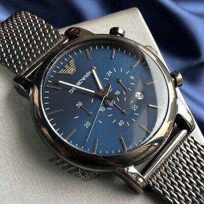 Emporio Armani Chronograph Blue Dial Gun Metallic Mesh Bracelet Watch For Men - AR1979 Buy Now By Emporio Armani