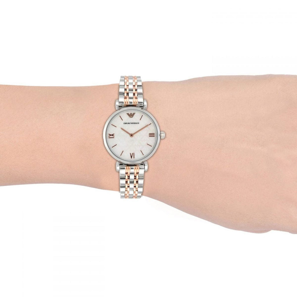 Emporio Armani Gianni T-Bar Mother of Pearl Dial Two Tone Steel Strap Watch For Women - AR1987 Buy Now By Emporio Armani