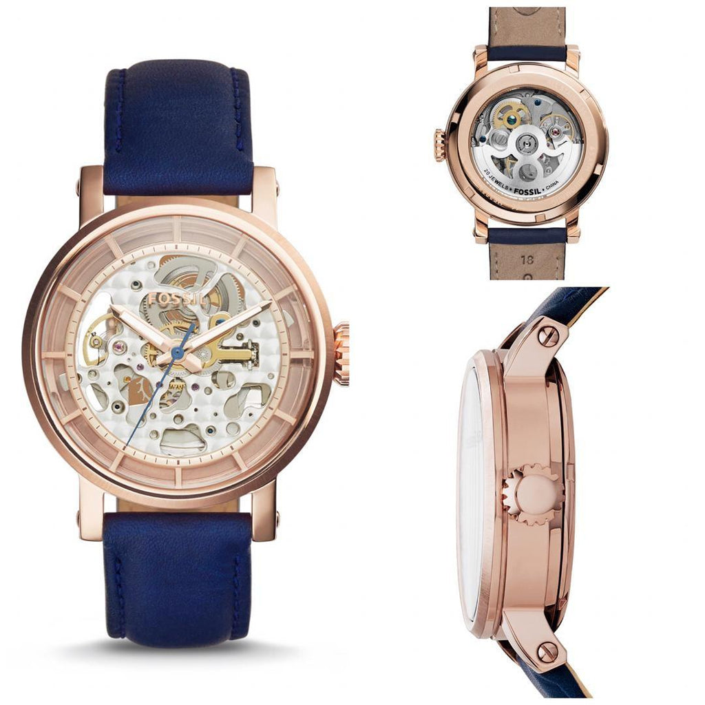 Fossil Original Boyfriend Skeleton White Dial Blue Leather Strap Watch for Women - ME3086