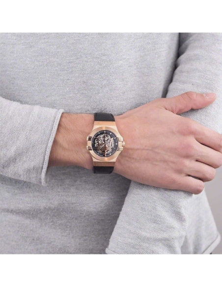 Maserati Potenza Automatic Rose Gold Dial Black Leather Strap Watch For Men - R8821108002 Buy Now By Maserati