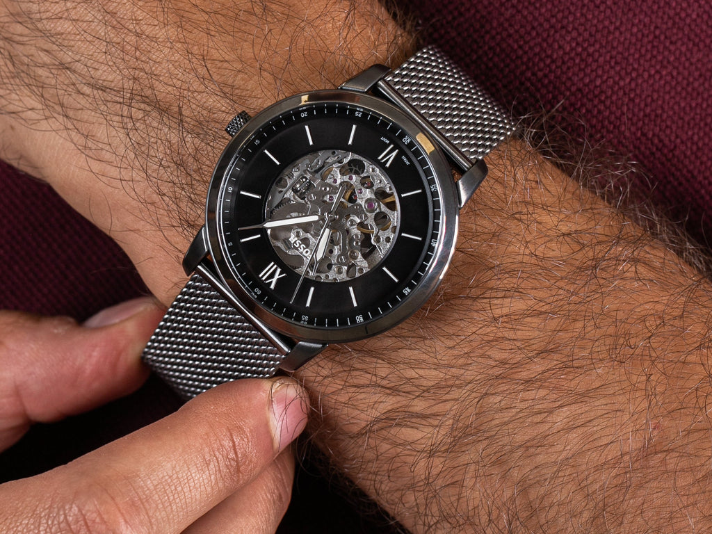 Fossil Neutra Automatic Skeleton Black Dial Grey Mesh Strap Watch for Men - ME3185 Buy Now By Fossil
