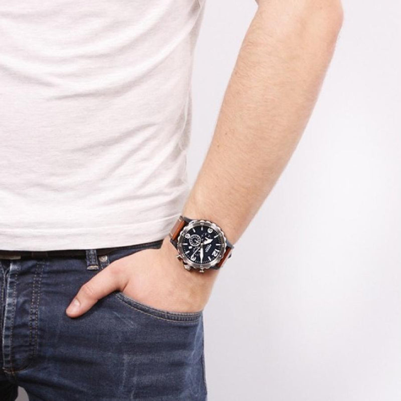 Fossil Nate Chronograph Navy Blue Dial Brown Leather Strap Watch for Men - JR1504 Buy Now By Fossil