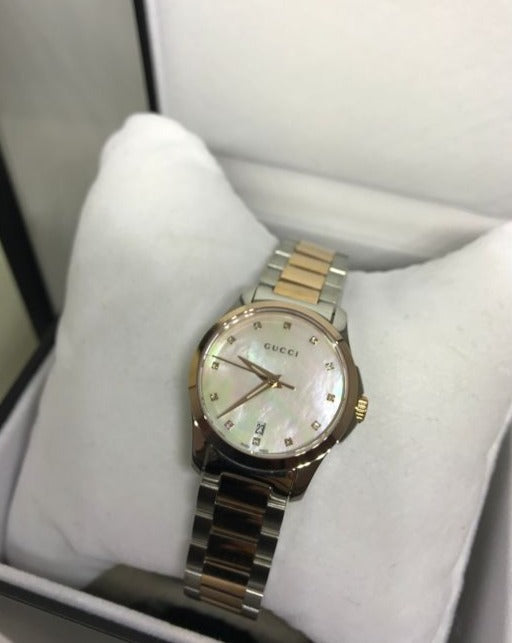 Gucci G Timeless Diamonds Mother of Pearl Dial Two Tone Steel Strap Watch For Women - YA126544 Buy Now By Gucci