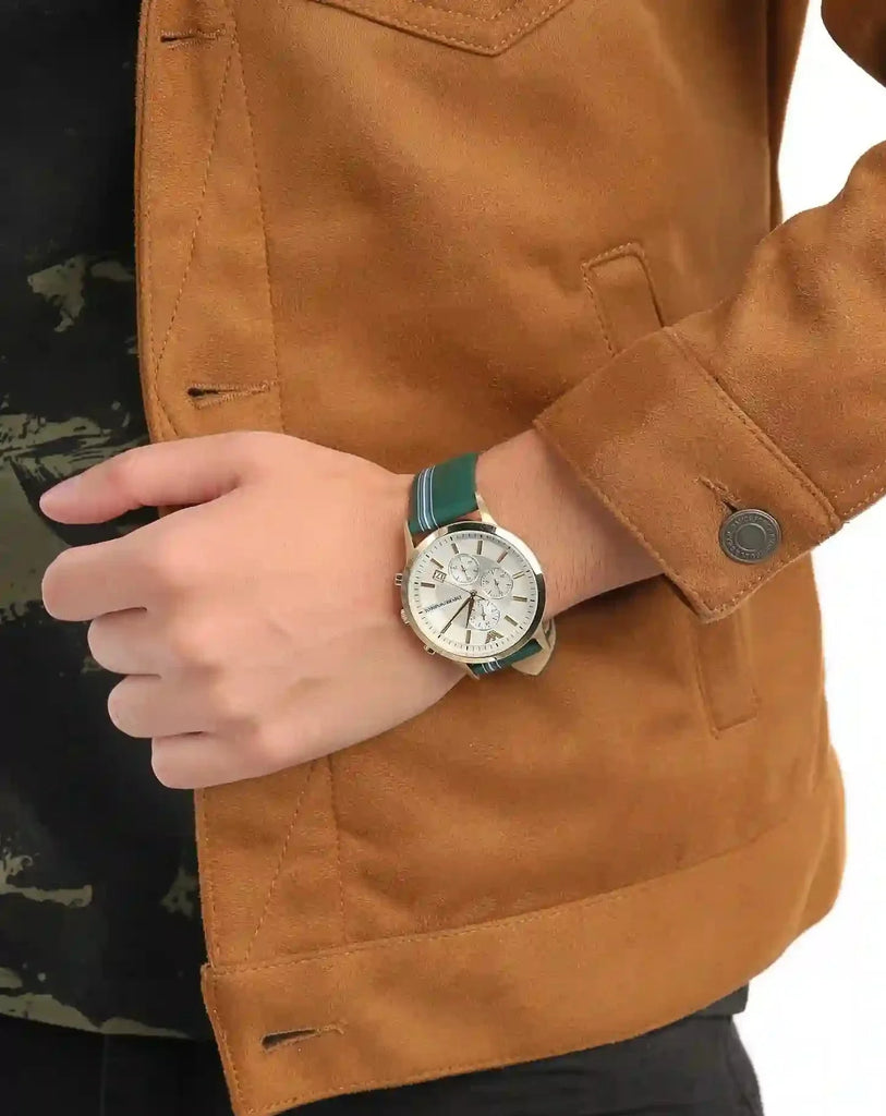 Emporio Armani Renato Chronograph Silver Dial Green Leather Strap Watch For Men - AR11233 Buy Now By Emporio Armani