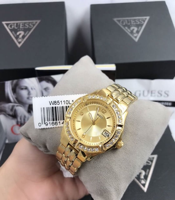 Guess Dazzling Diamonds Gold Dial Gold Steel Strap Watch for Women - W85110L1 Buy Now By Guess