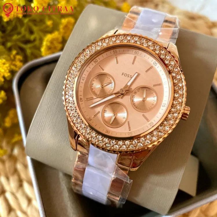 Fossil Stella Multifunction Rose Gold Dial Two Tone Steel Strap Watch for Women - ES4755 Buy Now By Fossil