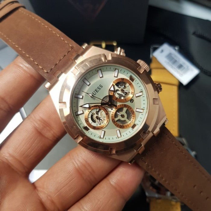 Guess Analog Multifunction White Dial Brown Leather Strap Watch for Men - GW0262G3 Buy Now By Guess