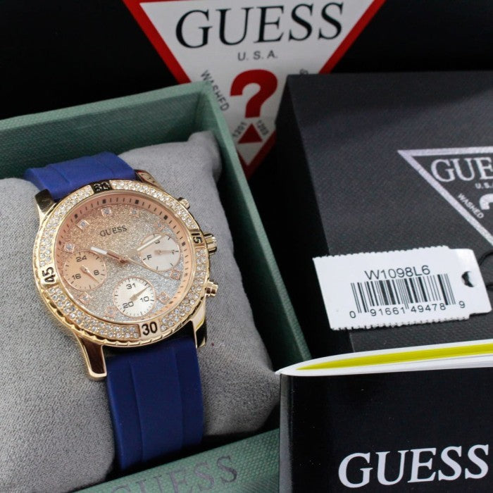 Guess Confetti Diamonds Gold Dial Blue Rubber Strap Watch For Women - W1098L6 Buy Now By Guess