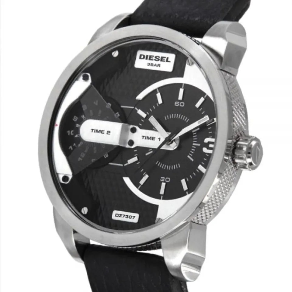 Diesel Mini Daddy Black Silver Dial Black Leather Strap Watch For Men - DZ7307 Buy Now By Diesel
