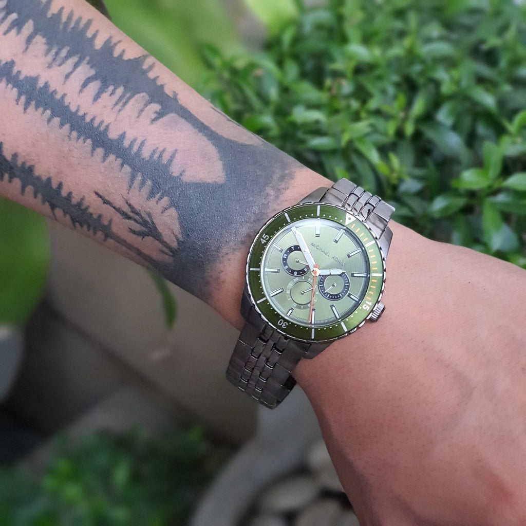 Michael Kors Cunningham Multifunction Chronograph Green Dial Grey Steel Strap Watch For Men - MK7158 Buy Now By Michael Kors