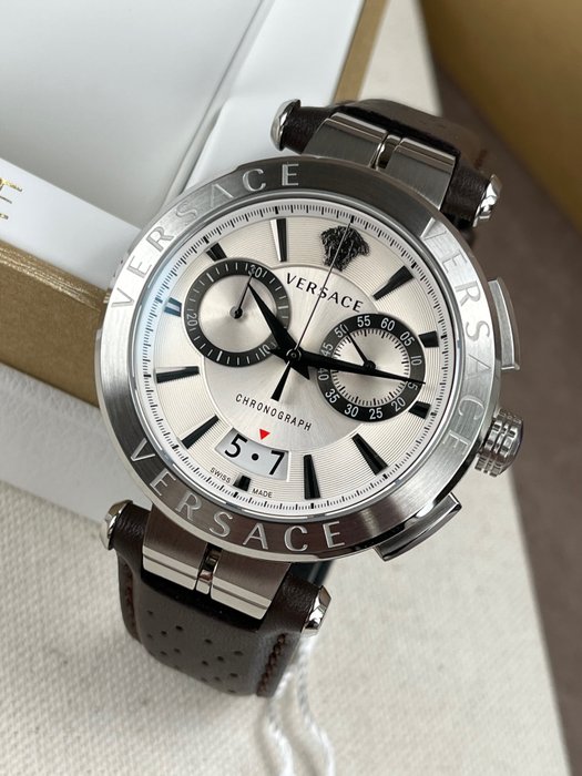 Versace Aion Chronograph White Dial Brown Leather Strap Watch for Men - VBR010017 Buy Now By Versace