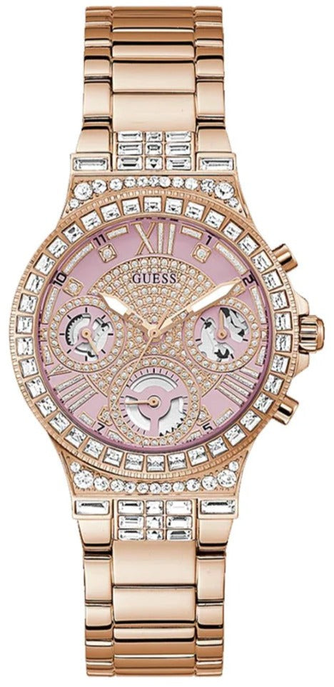 Guess Glitz Multi Function Diamonds Pink Dial Rose Gold Steel Strap Watch for Women - GW0320L6 Buy Now By Guess