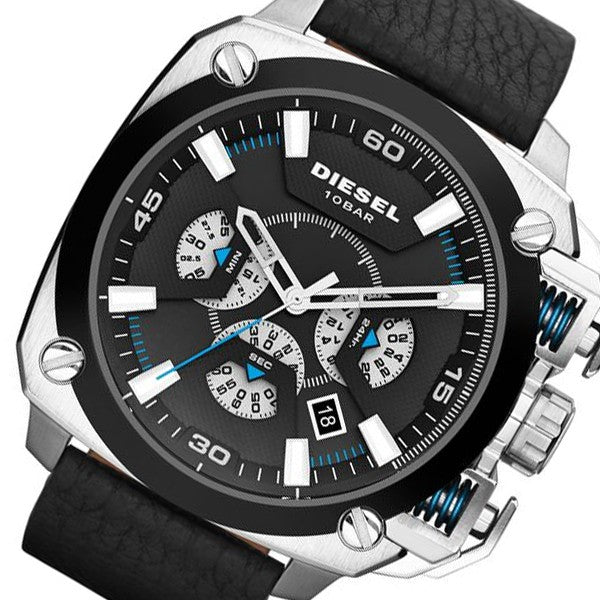 Diesel BAMF Chronograph Black Dial Black Leather Strap Watch For Men - DZ7345 Buy Now By Diesel