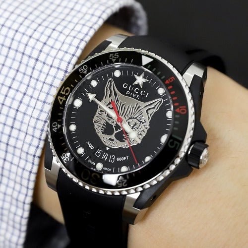 Gucci Dive Feline Black Dial Black Rubber Strap Watch For Men - YA136323 Buy Now By Gucci