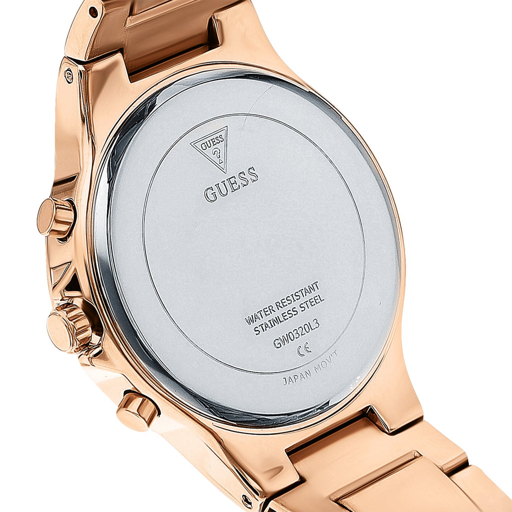 Guess Moonlight Multi Function Diamonds White Dial Rose Gold Steel Strap Watch for Women - GW0320L3 Buy Now By Guess