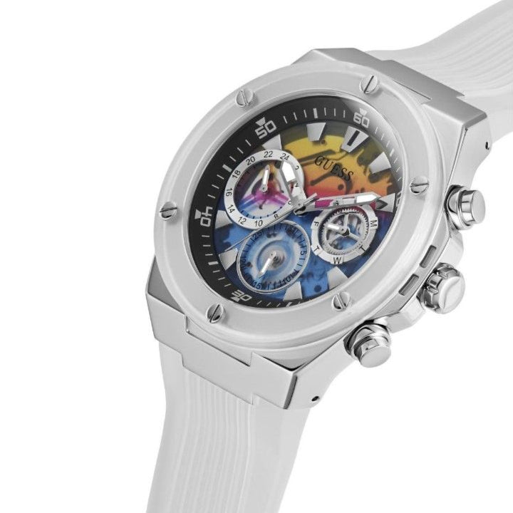 Guess Poseidon Chronograph Rainbow Dial White Silicone Strap Watch For Men - GW0425G4 Buy Now By Guess