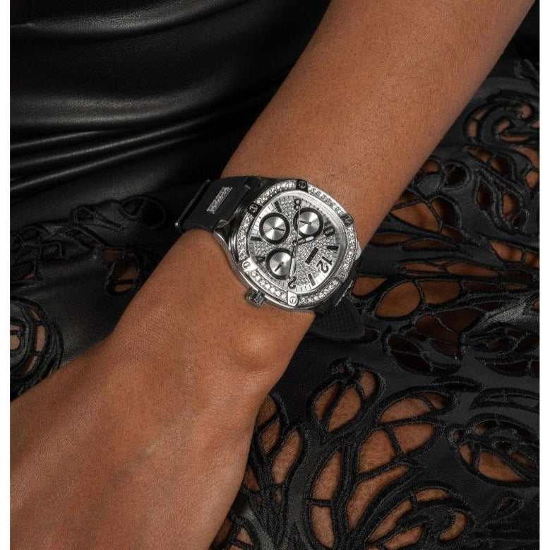 Guess Duchess Crystals Silver Dial Black Silicon Strap Watch For Women - GW0619L1 Buy Now By Guess