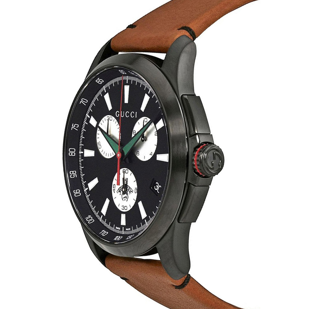 Gucci G-Timeless Chronograph Black Dial Brown Leather Strap Watch For Men - YA126271 Buy Now By Gucci
