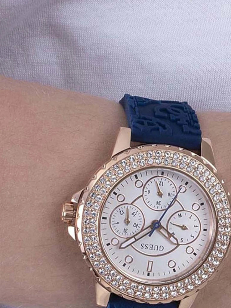 Guess Crown Jewel Diamonds White Dial Blue Rubber Strap Watch for Women - GW0411L2 Buy Now By Guess