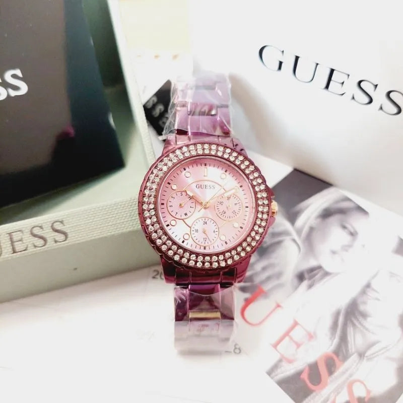 Guess Crown Jewel Diamonds Purple Dial Purple Steel Strap Watch for Women - GW0410L4 Buy Now By Guess