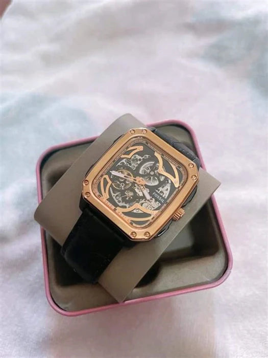 Fossil Inscription Automatic Skeleton Rose Gold Dial Black Leather Strap Watch for Men - BQ2572 Buy Now By Fossil
