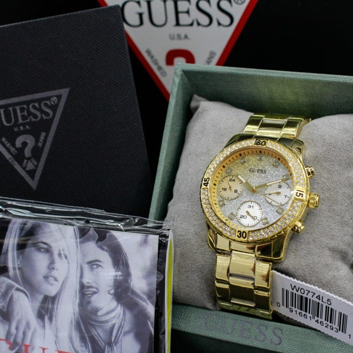 Guess Confetti Diamonds Silver Dial Gold Steel Strap Watch for Women - W0774L5 Buy Now By Guess