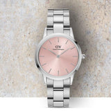 Daniel Wellington Iconic Link Pink Dial Silver Steel Strap Watch For Women - DW00100327 Buy Now By Daniel Wellington