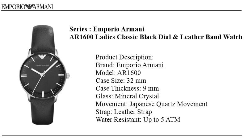 Emporio Armani Classic Quartz Black Dial Black Leather Strap Watch For Women - AR1600 Buy Now By Emporio Armani