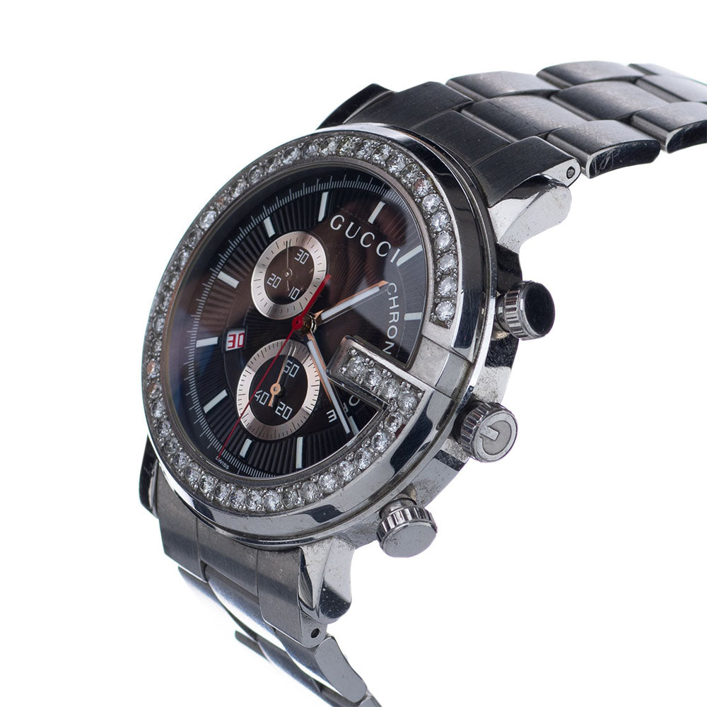Gucci G Chrono Diamonds Black Dial Silver Steel Strap Watch For Men - YA101324 Buy Now By Gucci
