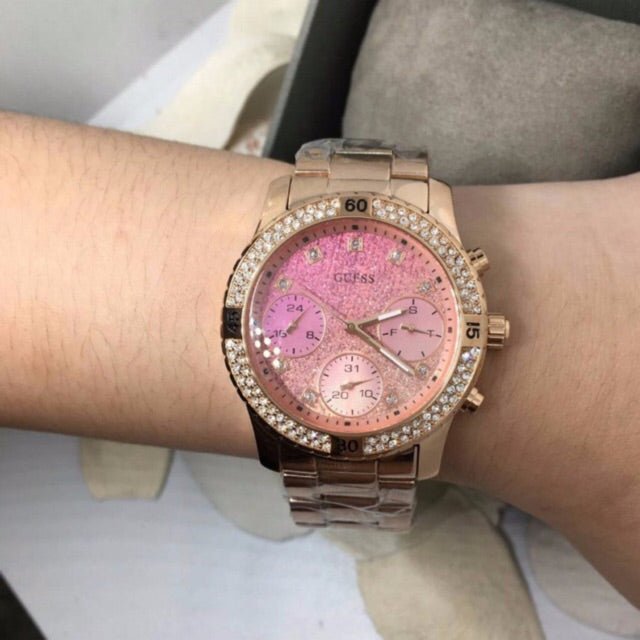 Guess Confetti Pink Dial Rose Gold Steel Strap Watch For Women - W0774L3 Buy Now By Guess