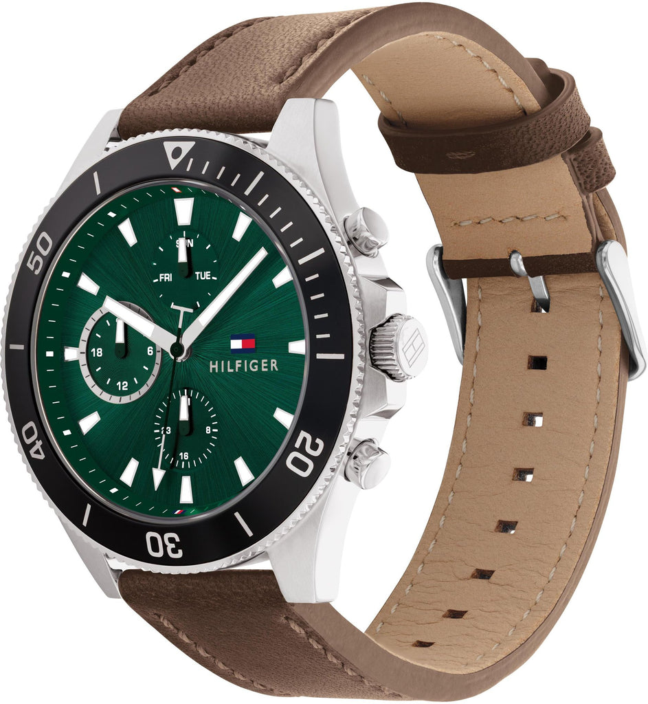 Tommy Hilfiger Larson Chronograph Green Dial Brown Leather Strap Watch For Men - 1791983 Buy Now By Tommy Hilfiger