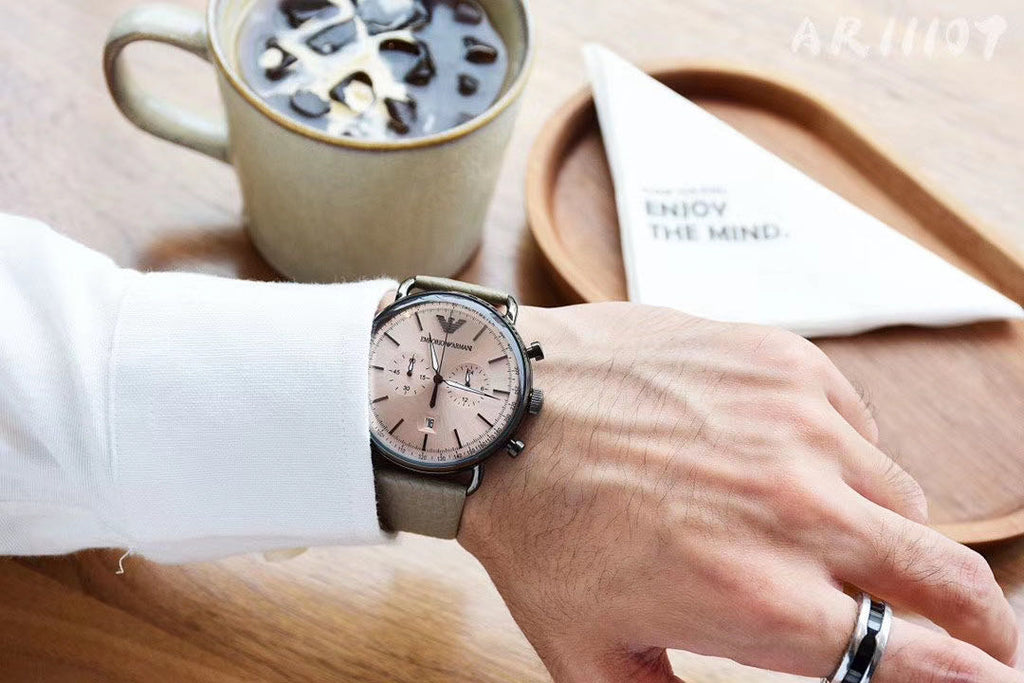 Emporio Armani Aviator Chronograph Quartz Grey Dial Beige Leather Strap Watch For Men - AR11107 Buy Now By Emporio Armani