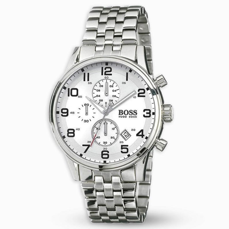 Hugo Boss Aeroliner Chronograph Quartz White Dial Silver Steel Strap Watch For Men - HB1512445 Buy Now By Hugo Boss
