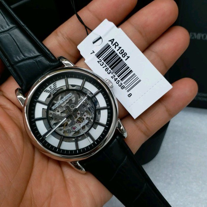 Emporio Armani Luigi Silver Skeleton Dial Black Leather Strap Watch For Men - AR1981 Buy Now By Emporio Armani