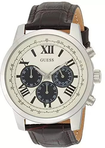 Guess Chronograph Quartz White Dial Brown Leather Strap Watch For Men - W0380G1 Buy Now By Guess