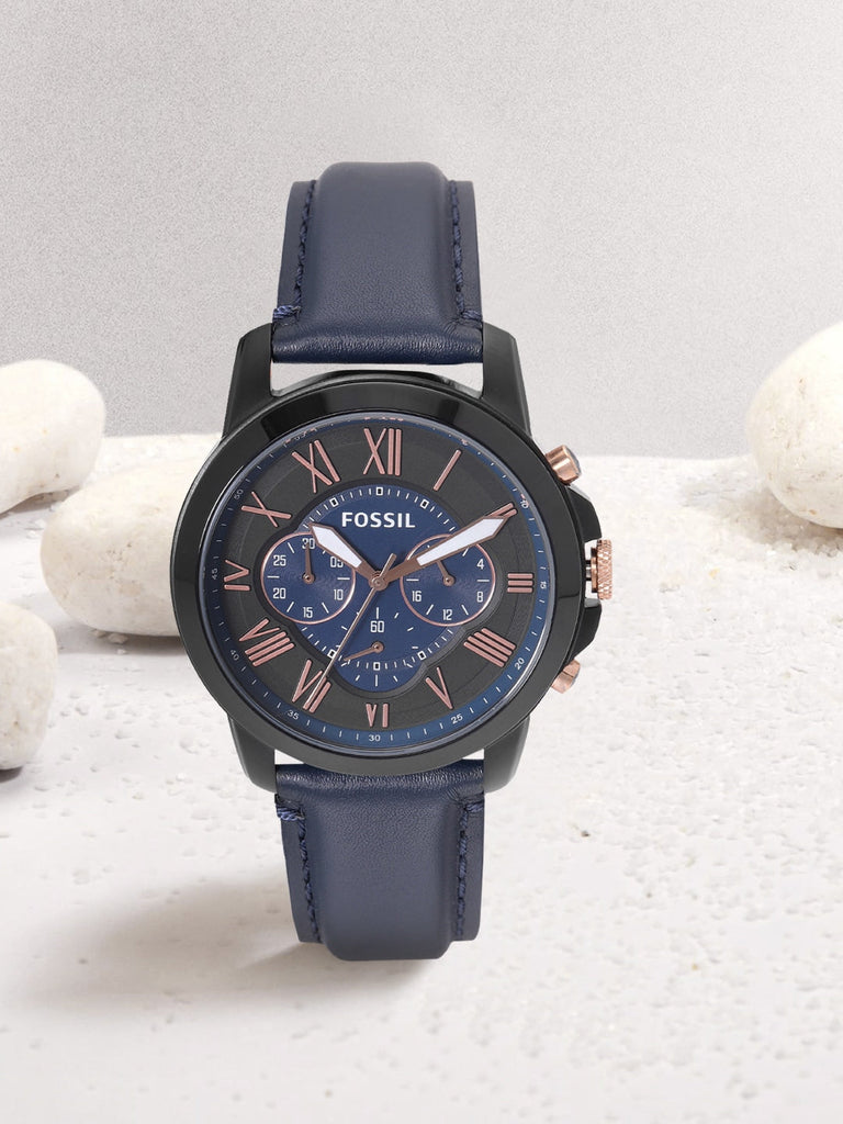 Fossil Grant Chronograph Black Dial Blue Leather Strap Watch for Men - FS5061 Buy Now By Fossil