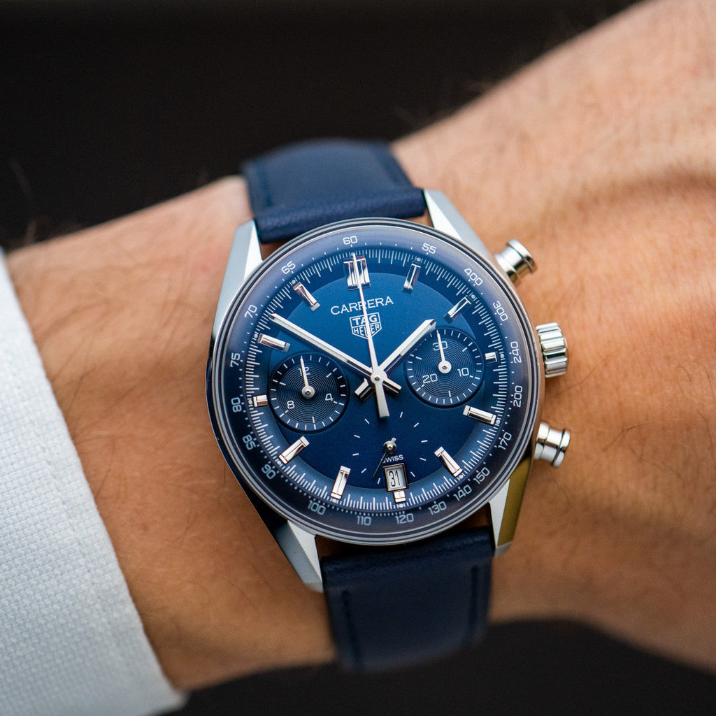 Tag Heuer Carrera Chronograph Blue Dial Blue Leather Strap Watch for Men - CBS2212.FC6535 Buy Now By Tag Heuer
