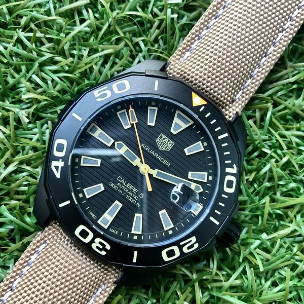 Tag Heuer Aquaracer 300 Calibre 5 Automatic Black Dial Brown Nylon Strap Watch for Men - WAY208C.FC6383 Buy Now By Tag Heuer