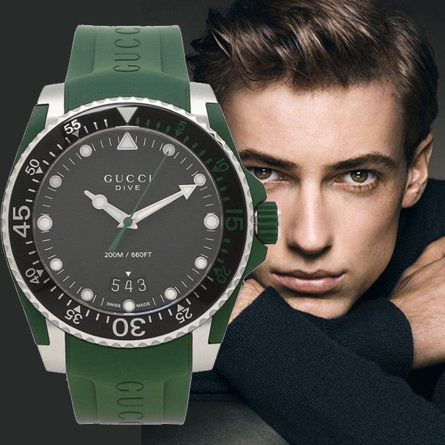 Gucci Dive Black Dial Green Rubber Strap Watch For Men - YA136310 Buy Now By Gucci