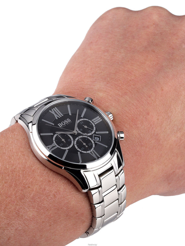 Hugo Boss Ambassador Chronograph Black Dial Silver Steel Strap Watch For Men - HB1513196 Buy Now By Hugo Boss