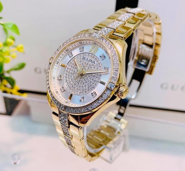 Bulova Crystal Collection Silver Crystal Dial Gold Steel Strap Watch for Women - 98L228 Buy Now By Bulova