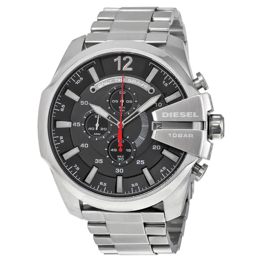Diesel Mega Chief Chronograph Black Dial Silver Steel Strap Watch For Men - DZ4308 Buy Now By Diesel